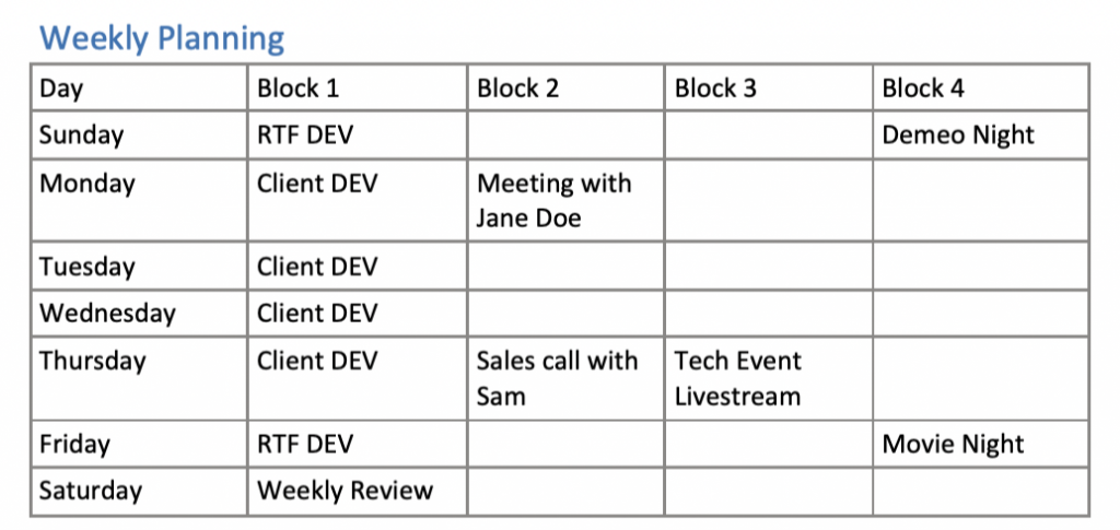 A table where I block out my time for the week