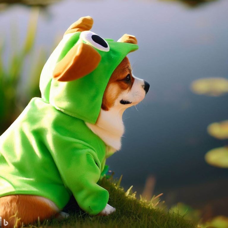 A corgi wearing a frog costume. The corgi is looking at a pond.